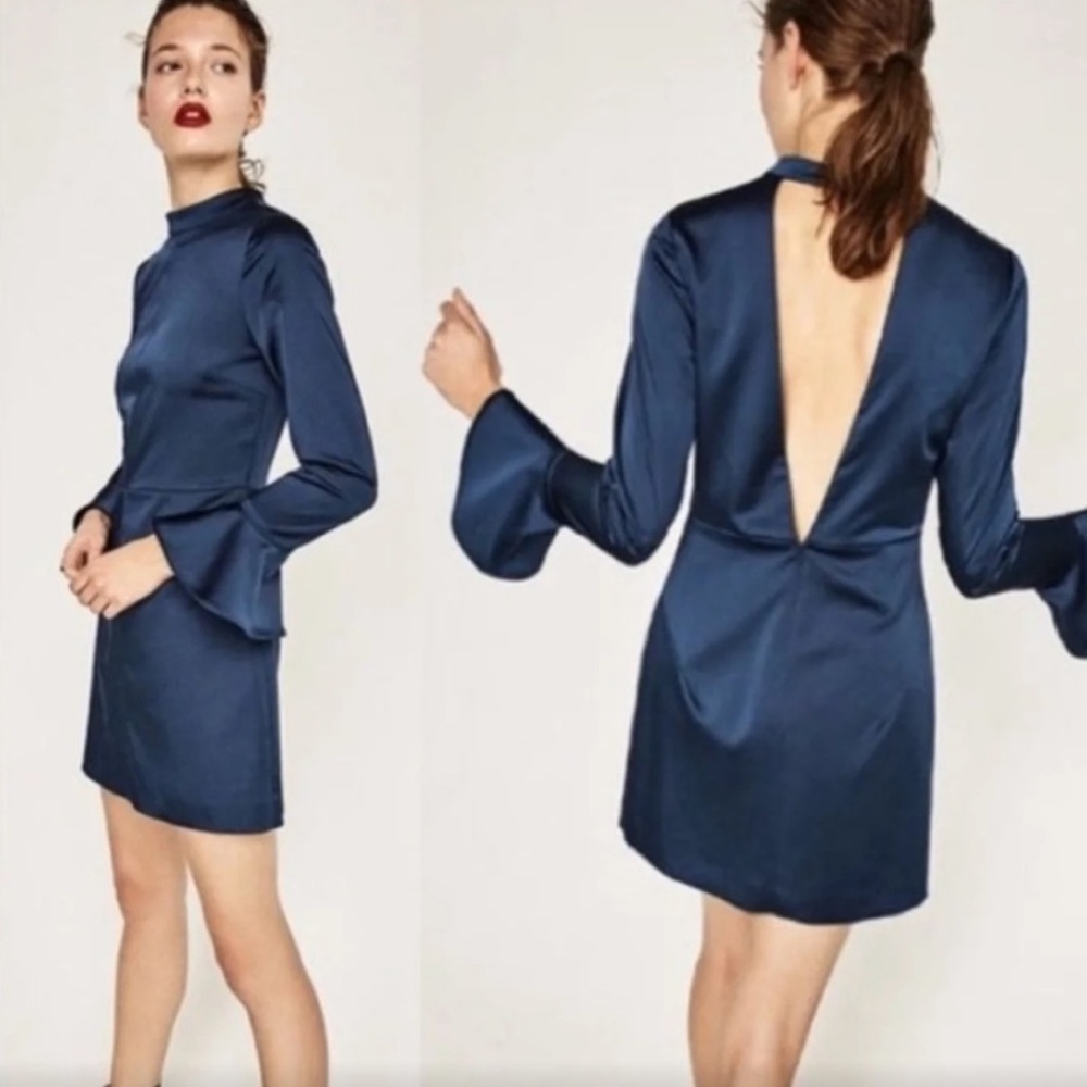 Satin Blue Bell Sleeve Backless Zara Mini Dress